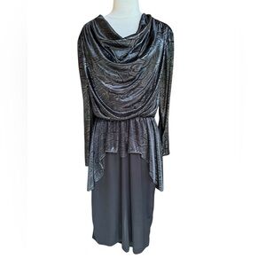 1970s‎ Black & Silver Metallic Cowl-Neck Poly Peplum Cocktail Dress